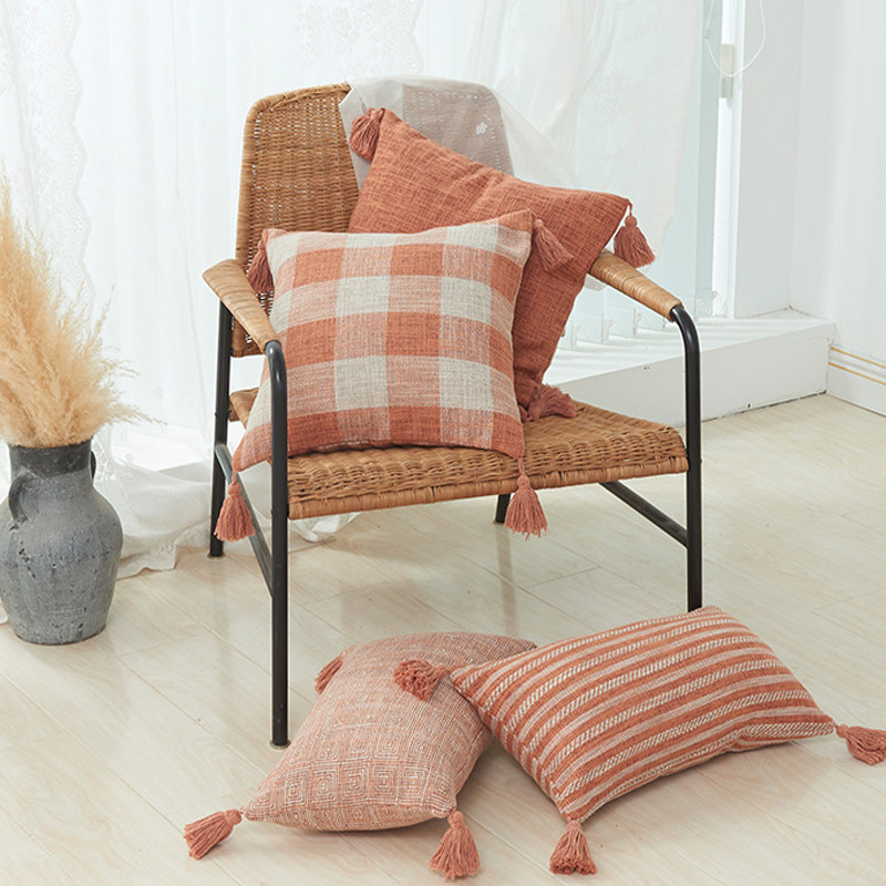 30X50/45X45cm Jastučnica od pamučnog lana obojena pređom s resicama Vruće karirane pruge Jastučnica za jastuk Cojines Decorativos Para Sofa