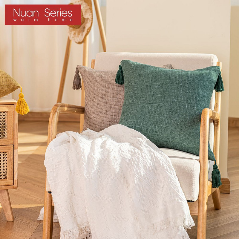 Čvrsta obična lanena pamučna jastučnica s resicama Žuto bež navlaka za kućni dekor Jastučnica 45x45 cm Jastučnica za kauč Jastuk za bacanje