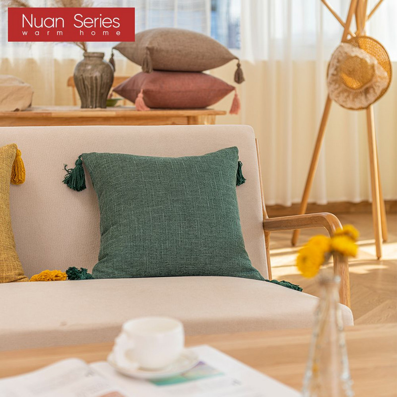 Čvrsta obična lanena pamučna jastučnica s resicama Žuto bež navlaka za kućni dekor Jastučnica 45x45 cm Jastučnica za kauč Jastuk za bacanje
