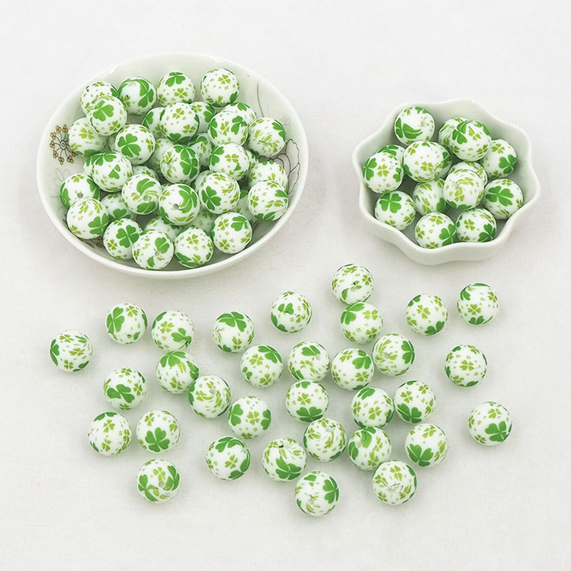 Chenkai 10 DB 15mm Shamrock Print szilikon gyöngyök baba kerek formájú gyöngyök fogzás BPA mentes barkácsolás érzékszervi rágójátékok kiegészítők