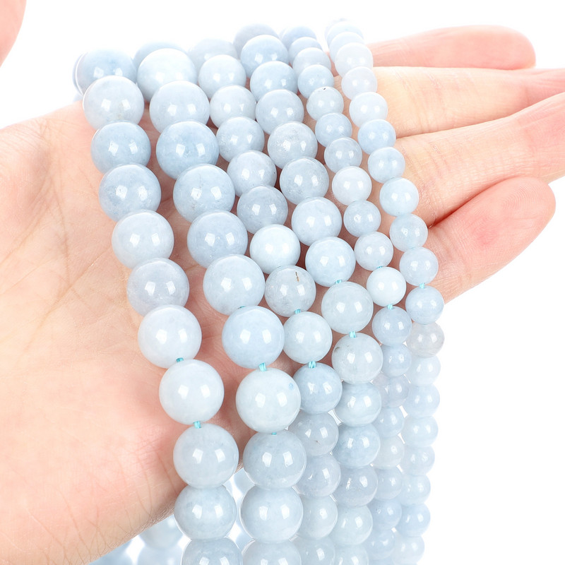 Perle od svijetloplavog akvamarina od prirodnog kamena, glatke, okrugle labave perle s razmaknicama za izradu nakita, ručni rad, DIY narukvice 6/8/10 mm