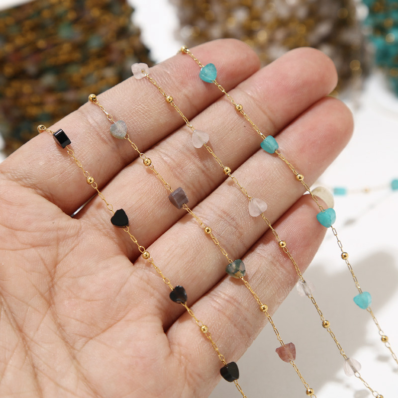 1M dragi kamen od nehrđajućeg čelika, zeleni aventurin, lanac s perlama u obliku srca, zlatni satelitski lanac od prirodnog kamena za DIY izradu ženskih ogrlica