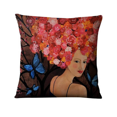 Kreativna ilustracija u vodenim bojama Jastučnica Lijepa žena u cvijeću Jastuk Ukrasni jastuk Kućni dekor Kauč Nabacivački jastuci