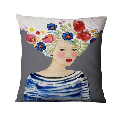 Kreativna ilustracija u vodenim bojama Jastučnica Lijepa žena u cvijeću Jastuk Ukrasni jastuk Kućni dekor Kauč Nabacivački jastuci