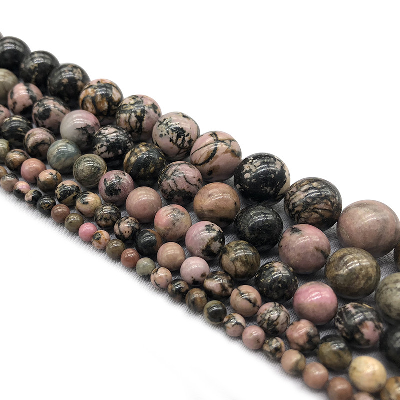 Okrugle labave perle prirodnog crnog linijskog rodokrozita za izradu nakita DIY narukvica, ogrlica 4/6/8/10/12 mm niti 15''