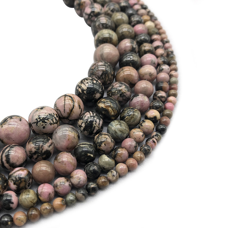 Okrugle labave perle prirodnog crnog linijskog rodokrozita za izradu nakita DIY narukvica, ogrlica 4/6/8/10/12 mm niti 15''