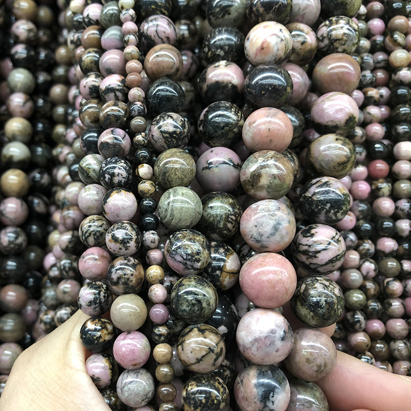 Okrugle labave perle prirodnog crnog linijskog rodokrozita za izradu nakita DIY narukvica, ogrlica 4/6/8/10/12 mm niti 15''