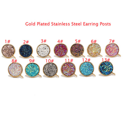 40db 12mm-es rozsdamentes acél gyanta Druzy Stud ékszer fülbevaló bejegyzés leletek komponensek loop arany tónussal