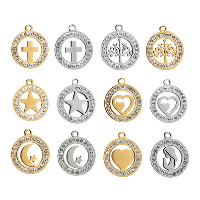 5 τμχ Γούρια από ανοξείδωτο ατσάλι Clear Crystal Cross Star Heart Moon Tree Maria DIY Dangle Charm μενταγιόν για κατασκευή κολιέ