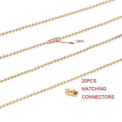 Veleprodaja lančića s kuglastim perlama od 33 stope Zlatni 1,6 mm/2,0 mm/2,4 mm lančići s kuglastim perlama s 20 komada odgovarajućih konektora