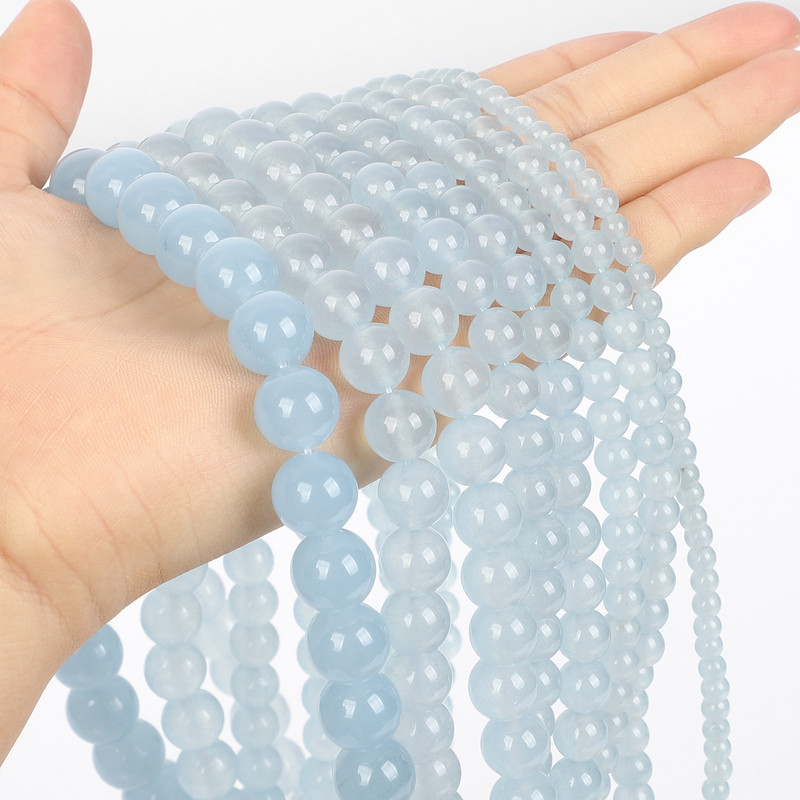 Glatke svijetloplave perle od prirodnog kamena od žada od kalcedona, okrugle labave perle za izradu nakita DIY narukvica, ogrlica, nit 4-12 MM