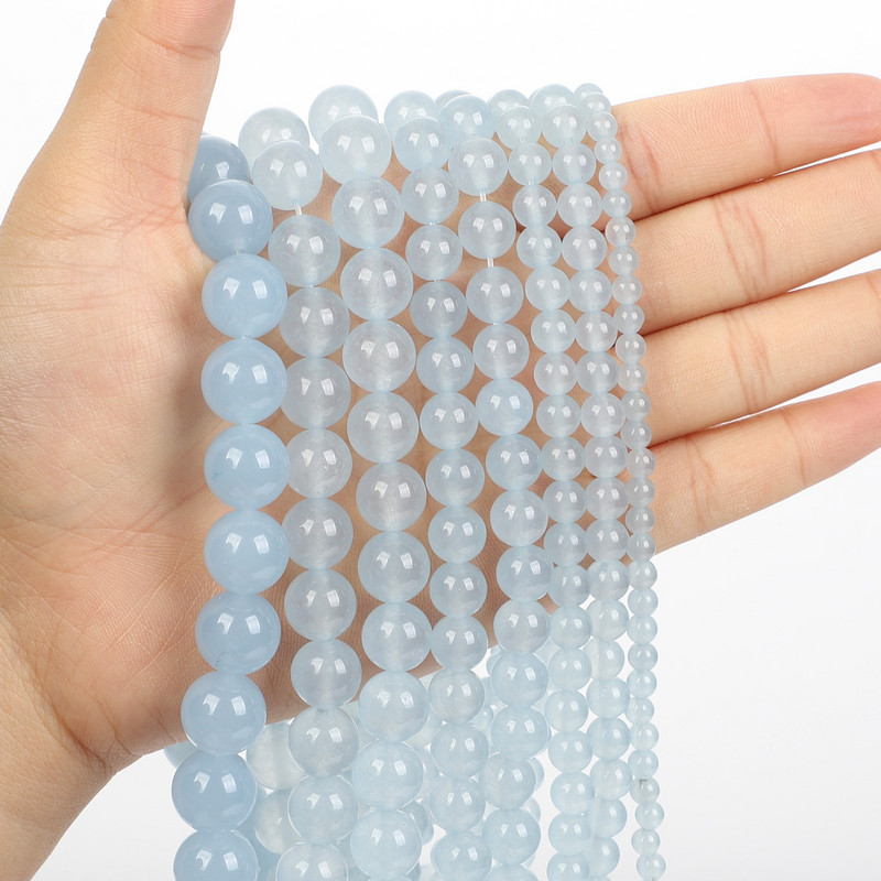 Glatke svijetloplave perle od prirodnog kamena od žada od kalcedona, okrugle labave perle za izradu nakita DIY narukvica, ogrlica, nit 4-12 MM
