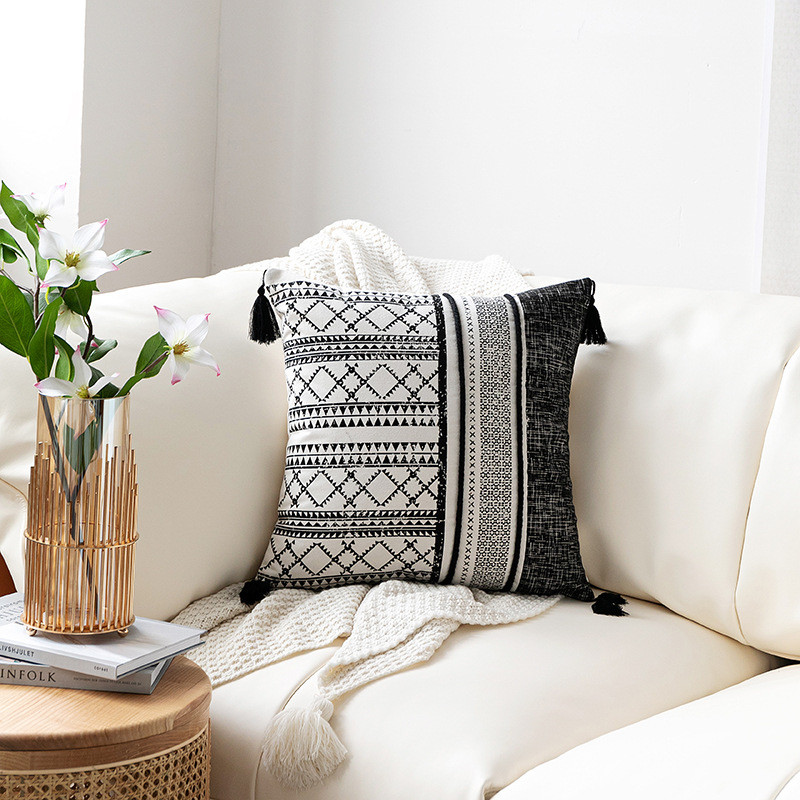 Boho stílusú retro vintage fekete-fehér geometrikus párnahuzat pamut párnahuzat varrással otthoni nappali hálószoba dekorációhoz