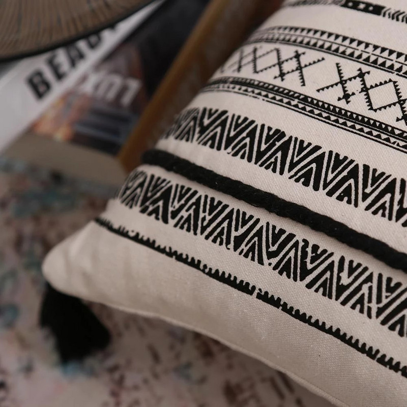 Boho stílusú retro vintage fekete-fehér geometrikus párnahuzat pamut párnahuzat varrással otthoni nappali hálószoba dekorációhoz