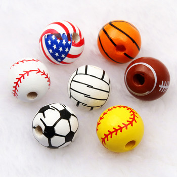 Πολλές χρωματιστές στρογγυλή μπάλα Ξύλινες χάντρες Μοτίβο ποδοσφαίρου Μπάσκετ Χαλαρές χάντρες για DIY Παιδικό Κολιέ Βραχιόλι 16mm 10τμχ/Παρτίδα