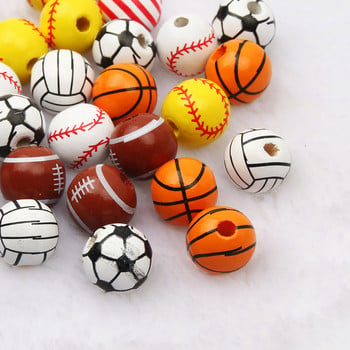 Πολλές χρωματιστές στρογγυλή μπάλα Ξύλινες χάντρες Μοτίβο ποδοσφαίρου Μπάσκετ Χαλαρές χάντρες για DIY Παιδικό Κολιέ Βραχιόλι 16mm 10τμχ/Παρτίδα