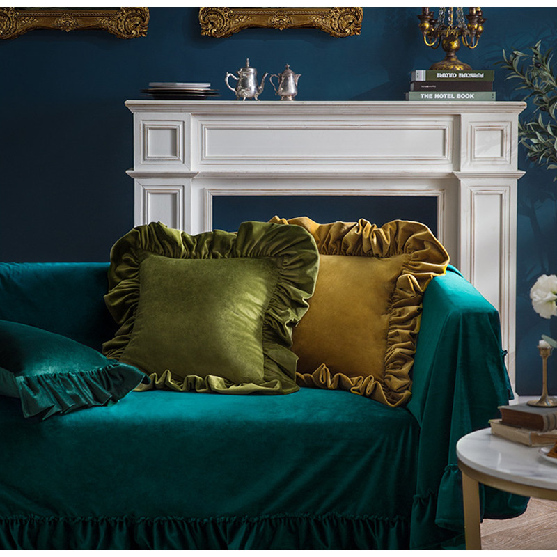 DAVINRICH Italija Luksuzne jastučnice s baršunastim volanima Victoria Retro Ukrasna Ugodna mekana jednobojna jastučnica Tirkizno zelena