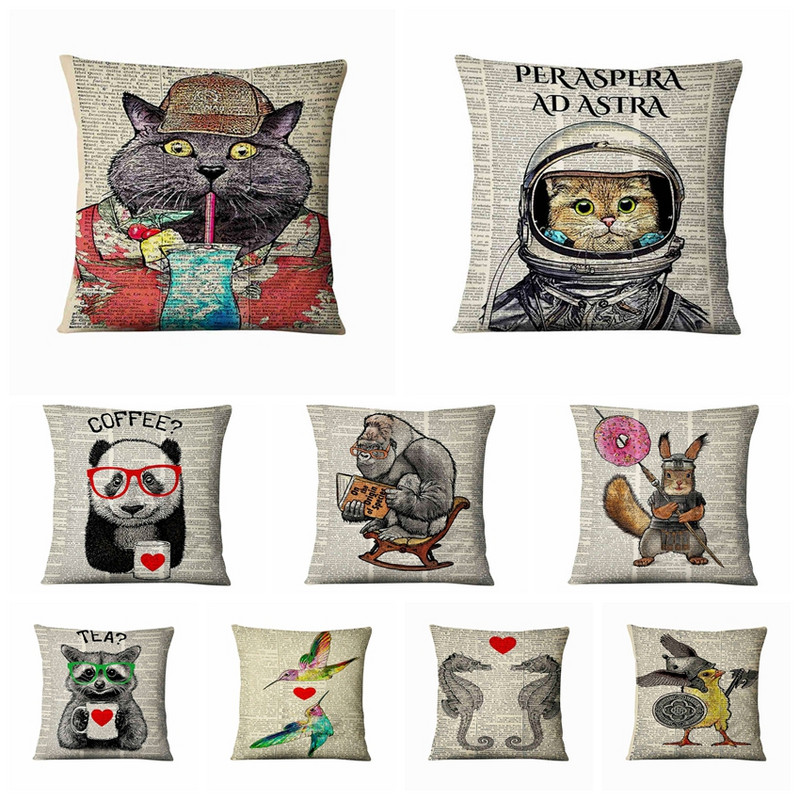 Jastučnica s otisnutim retro starim novinama Jastučić sa slatkim životinjama Ukrasni jastuk Kućni dekor Jastuk za kauč Almofada