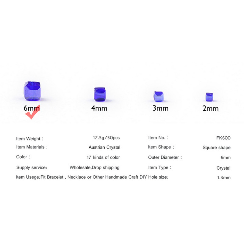 YHBZRET Kvadratni oblik Vrhunske austrijske kristalne perle odstojnik 6 mm 50 kom. Prozirne labave perle za narukvicu za izradu nakita DIY