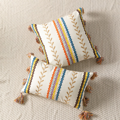 Κάλυμμα μαξιλαριού καναπέ με φούντα INS Moroccan Style Mulitcolor Leaves ριγέ κεντημένο μαξιλάρι