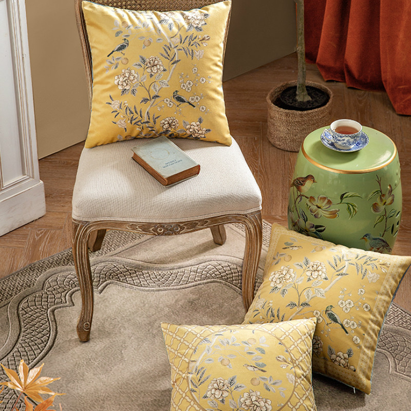 Kućni dekor Jastuk Četvrtasta ukrasna jastučnica Moderna umjetnička žuta kineska flora ptica Elegantna sofa stolica