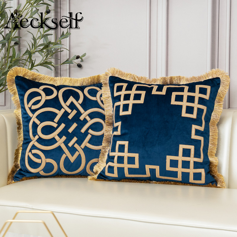 Aeckself luksuzna zlatna kožna izvezena baršunasta jastučnica s resicama Dekoracija za dom Mornarsko plava crna bež jastučnica