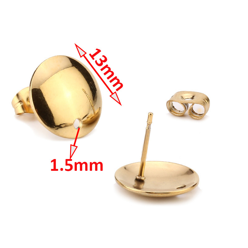 Zlatni klin za uši 316L nehrđajući čelik za uši s okruglim ravnim jastučićem od 8 mm/ 10 mm/ 12 mm, rupom za postavljanje, rupom za postavljanje Hipoalergijski štapići