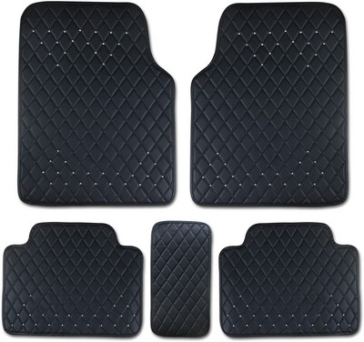 Rožiniai rožiniai automobilių grindų kilimėliai moterims; Bling deimantinių kilimų priedai; Aukštos kokybės oda su karūnos dekoru; Universalus naudojimas