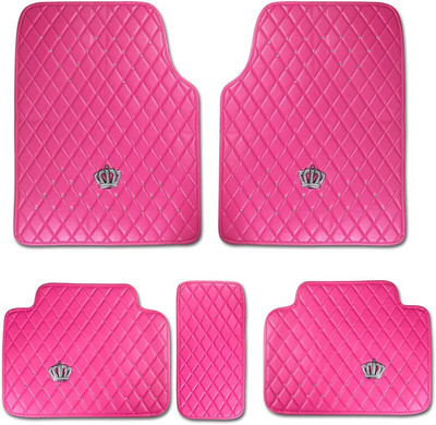 Rožiniai rožiniai automobilių grindų kilimėliai moterims; Bling deimantinių kilimų priedai; Aukštos kokybės oda su karūnos dekoru; Universalus naudojimas