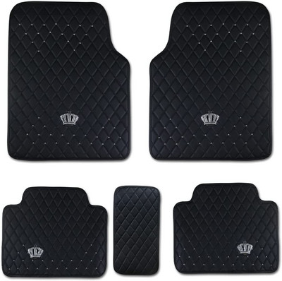 Rožiniai rožiniai automobilių grindų kilimėliai moterims; Bling deimantinių kilimų priedai; Aukštos kokybės oda su karūnos dekoru; Universalus naudojimas