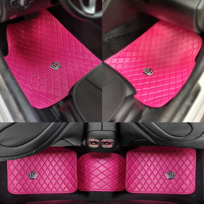 Rose Pink Car Floor Mats for Women; Bling Diamond Carpets Accessories; High Quality Leather with Crown Decor; Universal Use