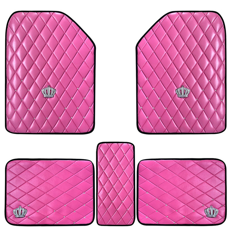 Rožiniai rožiniai automobilių grindų kilimėliai moterims; Bling deimantinių kilimų priedai; Aukštos kokybės oda su karūnos dekoru; Universalus naudojimas