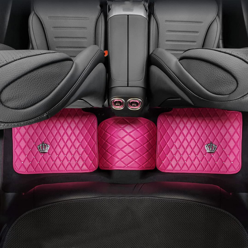 Rožiniai rožiniai automobilių grindų kilimėliai moterims; Bling deimantinių kilimų priedai; Aukštos kokybės oda su karūnos dekoru; Universalus naudojimas