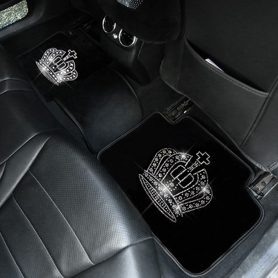 Diamond Car Mats for Women Bling Rhinestone Floor Carpet Universal Fit Black Rose Crown Interior Crystal Auto Полезни аксесоари