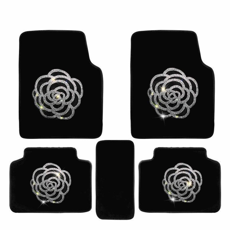 Deimantiniai automobilių kilimėliai moterims Bling Kalnų krištolinis grindų kilimas Universal Fit Black Rose Crown Crystal Auto Naudingi priedai