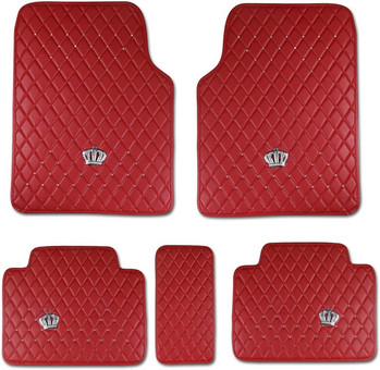 Red Bling Diamond Автоматични подови подложки с корона за автомобили, Универсален размер Килим за кола за момиче/жени Интериорен декор Комплект подови подложки за кола