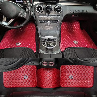 Red Bling Diamond Auto Floor Mats with Crown for Cars,Universal Size Car Carpet for Girl/Women Interior Decor Set Car Mats Floor