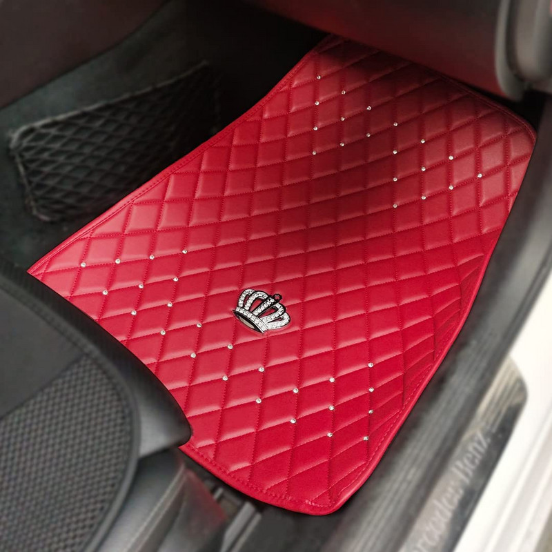 Red Bling Diamond automaatsed krooniga põrandamatid autodele, universaalse suurusega autovaip tüdrukutele/naistele, sisekujunduskomplekt automattide põrandale