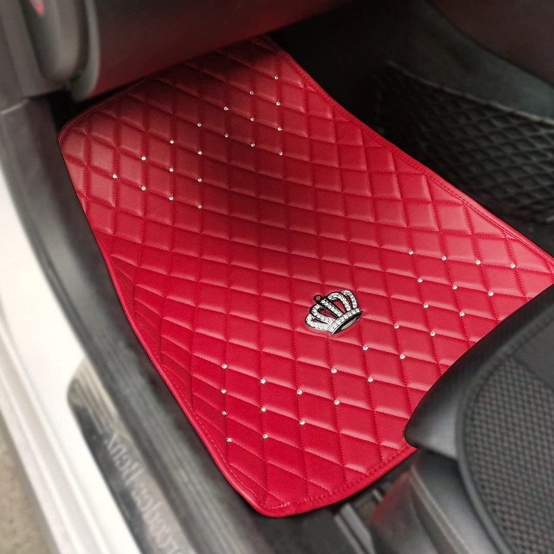 Red Bling Diamond automaatsed krooniga põrandamatid autodele, universaalse suurusega autovaip tüdrukutele/naistele, sisekujunduskomplekt automattide põrandale