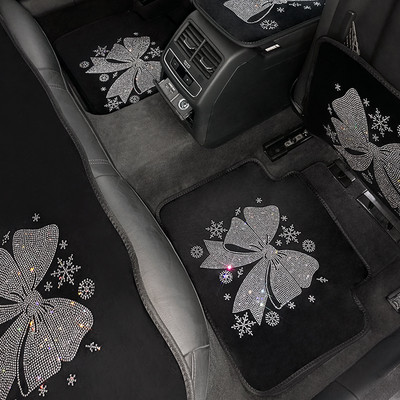 Bling Универсални подови подложки за кола за жени Bowknot Rhinestones Diamond Car Carpets Set Glitter Auto Floor Foot Pad Back Accessorie