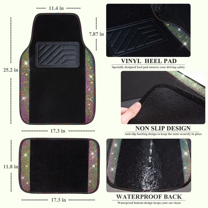 Automobilių grindų kilimėliai Kilimas Bling Crystal Diamond Sparkly Neslystantis PVC Pad Automotive Universal SUV Sedan Van 4vnt Girl Women