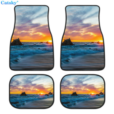 Комплект предни и задни подложки за кола с принт на плажен пейзаж, комплект от 4 универсални подложки за автомобилни килими за SUV, ванове