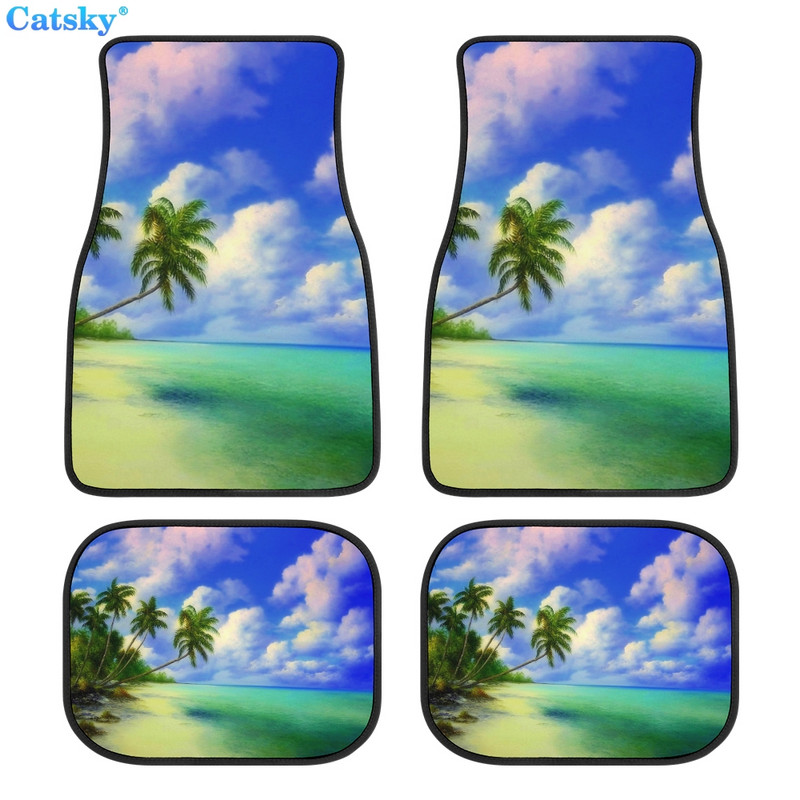 Комплект предни и задни подложки за кола с принт на плажен пейзаж, комплект от 4 универсални подложки за автомобилни килими за SUV, ванове