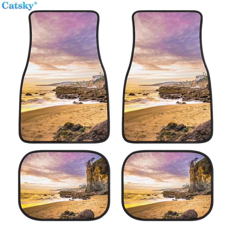 Комплект предни и задни подложки за кола с принт на плажен пейзаж, комплект от 4 универсални подложки за автомобилни килими за SUV, ванове
