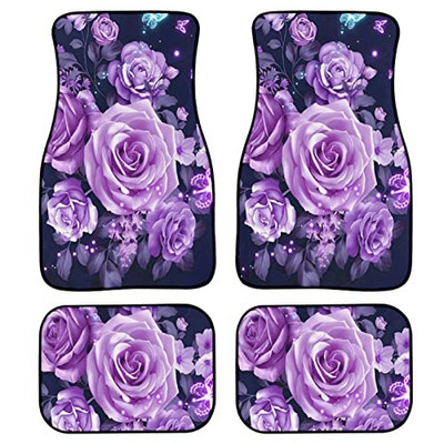 Γυναικεία πατάκια αυτοκινήτου 4 τεμαχίων, Αξεσουάρ αυτοκινήτου με στάμπα λουλουδιών κόκκινου τριαντάφυλλου Χαλί από καουτσούκ δαπέδου Προστασία παντός καιρού για αυτοκίνητο