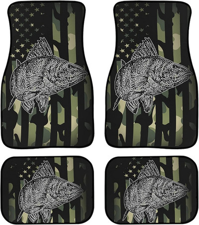 LedBack American Flag Wood Deer Skull Camo Universal Fit Μπροστινό Πίσω Auto Πατάκια δαπέδου 4 τμχ Πλήρες σετ Λαστιχένια επένδυση δαπέδου αυτοκινήτου