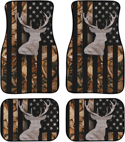 LedBack American Flag Wood Deer Skull Camo Universal Fit Μπροστινό Πίσω Auto Πατάκια δαπέδου 4 τμχ Πλήρες σετ Λαστιχένια επένδυση δαπέδου αυτοκινήτου