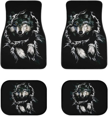 Cool Tribal Wolf Dream Catcher Dark Print Decor Χαλί πατάκια αυτοκινήτου Σετ 4 τεμαχίων Universal Fit for Auto Vehicle Front