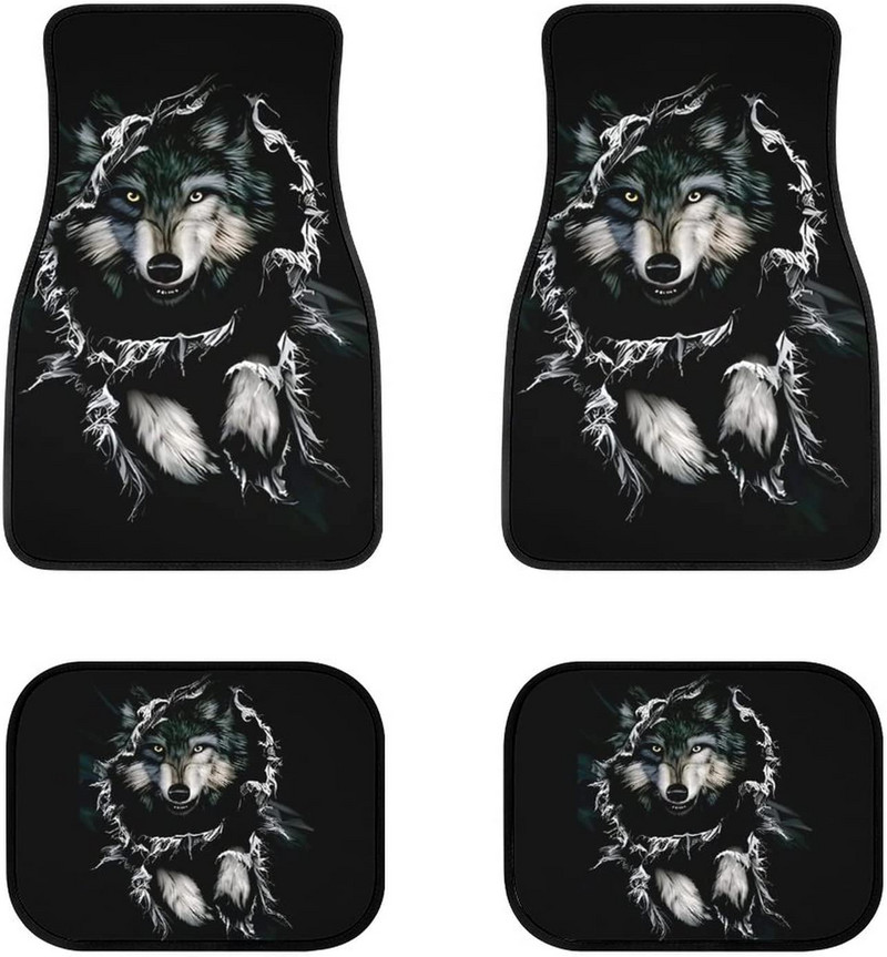 Cool Tribal Wolf Dream Catcher Dark Print Decor Carpet Car Floor Mats Set of 4 Parts Universal Fit for Auto Vehicle Fron