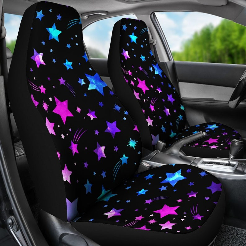 Pink Purple Stars Space Black Калъфи за столчета за кола Чифт 2 предни калъфи за столчета за кола Калъф за седалки за кола Протектор за столчета за кола Аксесоар за кола